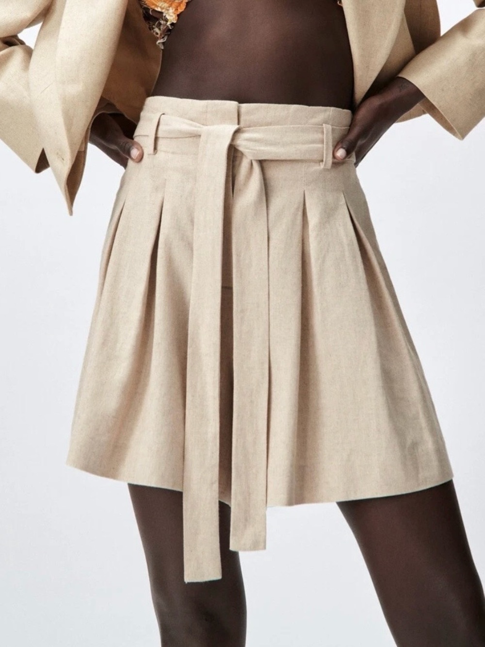 Zara Linen-Blend Paperbag Tie Belt Shorts
